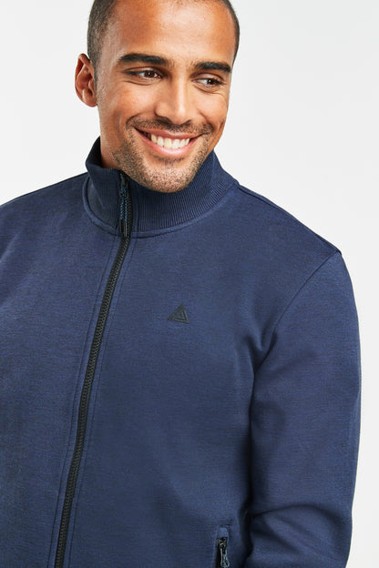 Navy zip-up sweatshirt with full zipper and small chest logo