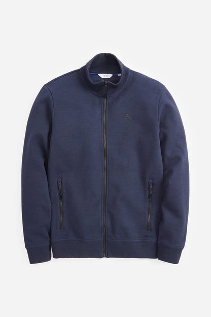 Navy zip-up sweatshirt with full zipper, stand collar, and two side pockets