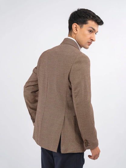 Men's brown blazer back/side view with shoulder yoke and single-breasted cut