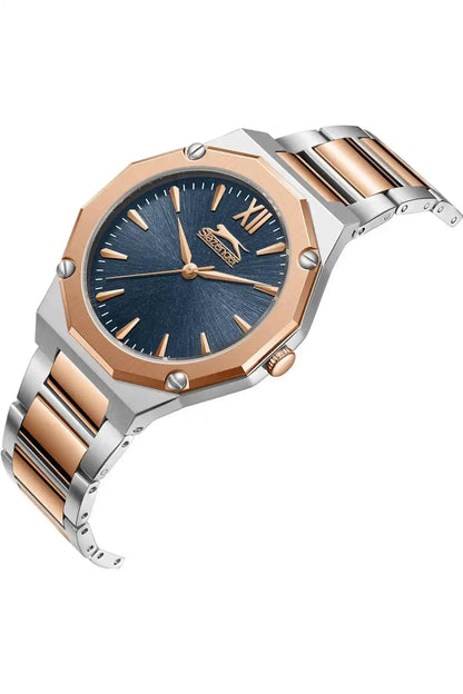 Silver-tone and rose gold wristwatch with octagonal bezel and dark blue dial