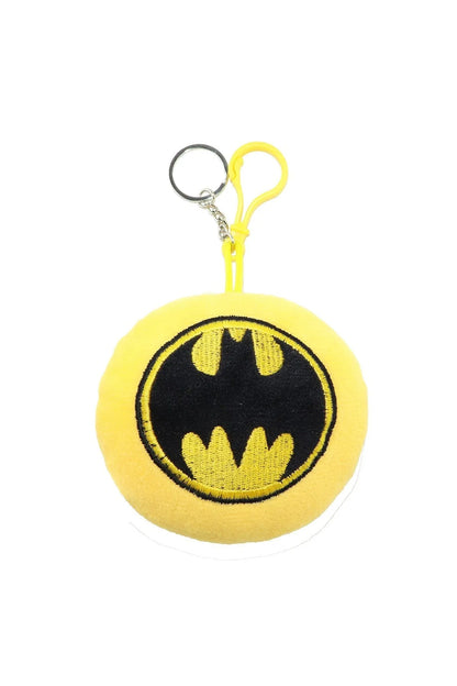 DISNEY plush Bat logo keychain, yellow round fabric with metal ring and clip loop