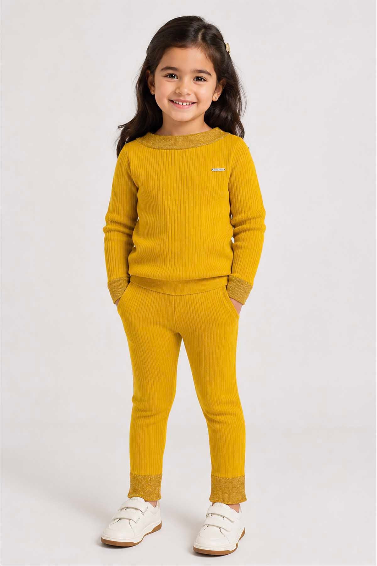 Kids' yellow ribbed knit sweater and jogger pants set, crew neck