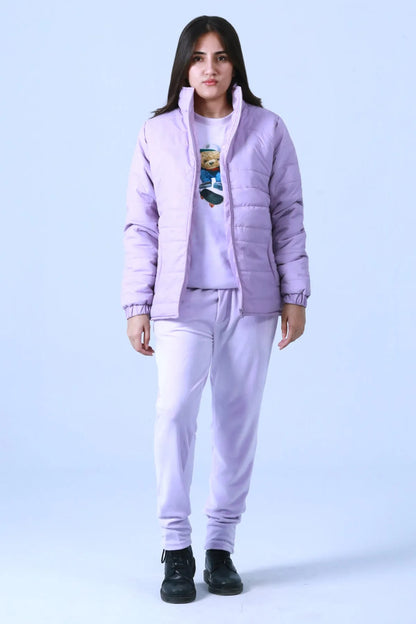 Lavender quilted jacket front view with stand collar, zipper, and elastic sleeve cuffs