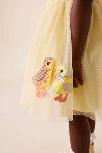 Girls' pale yellow dress with embroidered bunny and chick applique detail
