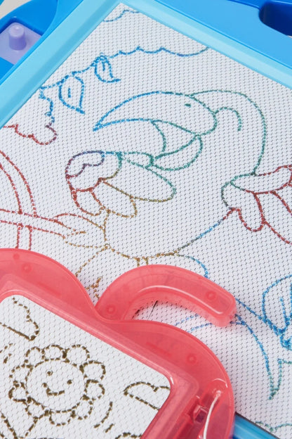 Close-up of blue drawing screen with stitched animal lines and pink plastic stamp