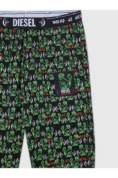 Black graphic pants with green repeat icons and ribbed waistband
