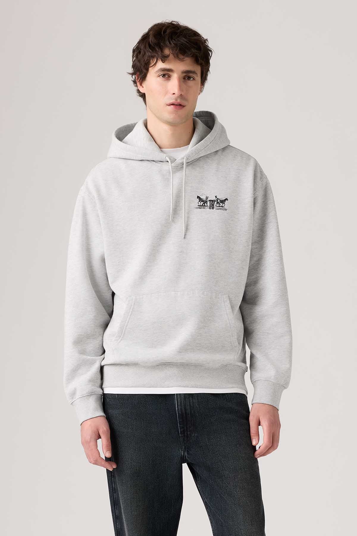 Levi's light gray pullover hoodie with front chest logo and drawstring hood