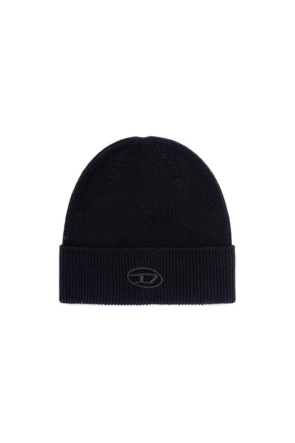 Diesel black knit beanie with ribbed cuff and small oval logo patch