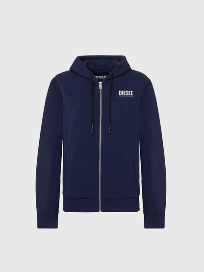 Blue Diesel zip-up hoodie with hood, front zipper, and drawstring neckline.