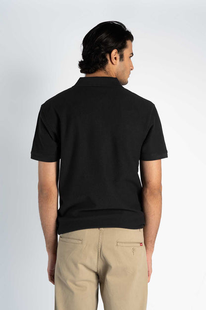 Black polo shirt back view with short sleeves