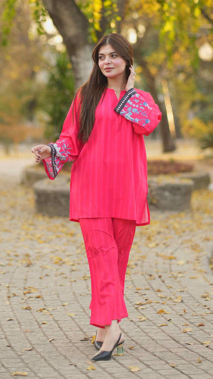 Dhaga pink kurta and pajama with dark embroidered sleeve detail