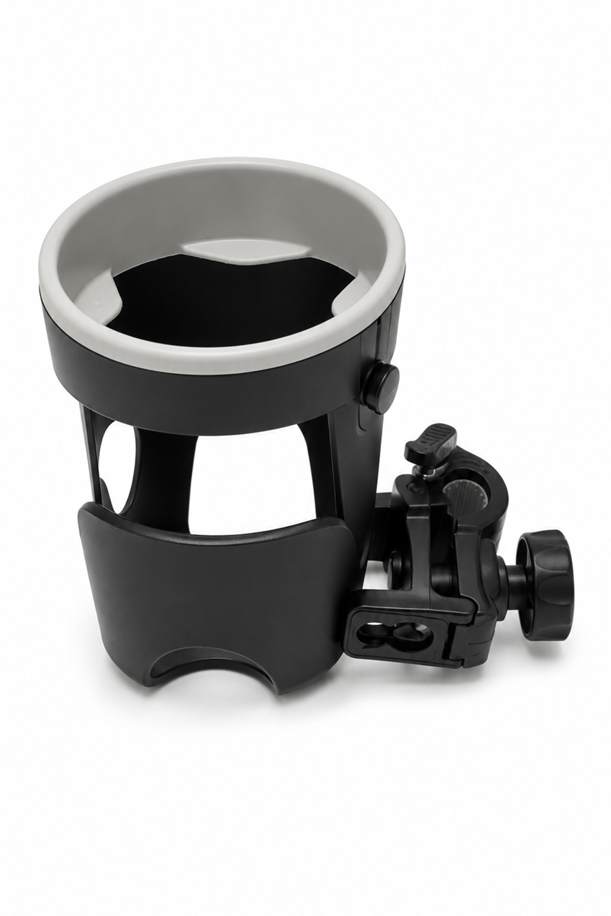 BABYSHOP black stroller cup holder with mounting clamp and cup insert