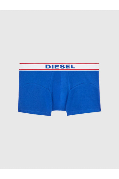 Men's Diesel blue boxer briefs, front view, striped red-white logo waistband