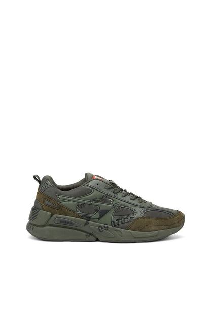 Diesel olive green lace-up sneakers with cushioned sole and logo-style overlays