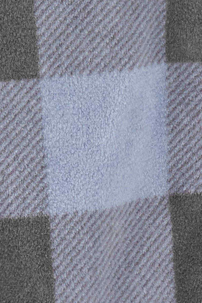 Plush plaid fleece fabric swatch with light blue and dark gray blocks