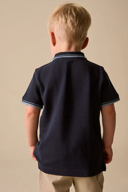 Navy kids polo shirt with short sleeves and striped collar edge