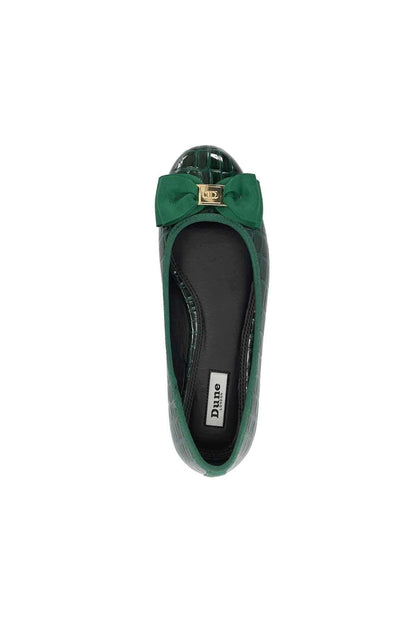 Green ballet flats front view with bow and gold-tone buckle, cushioned insole.