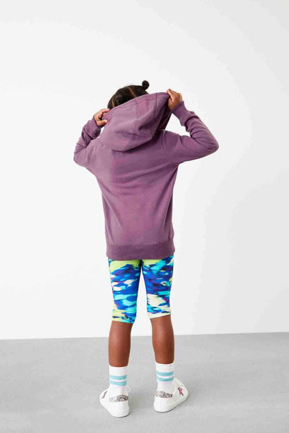 Purple zip-up hoodie with hood, front zipper