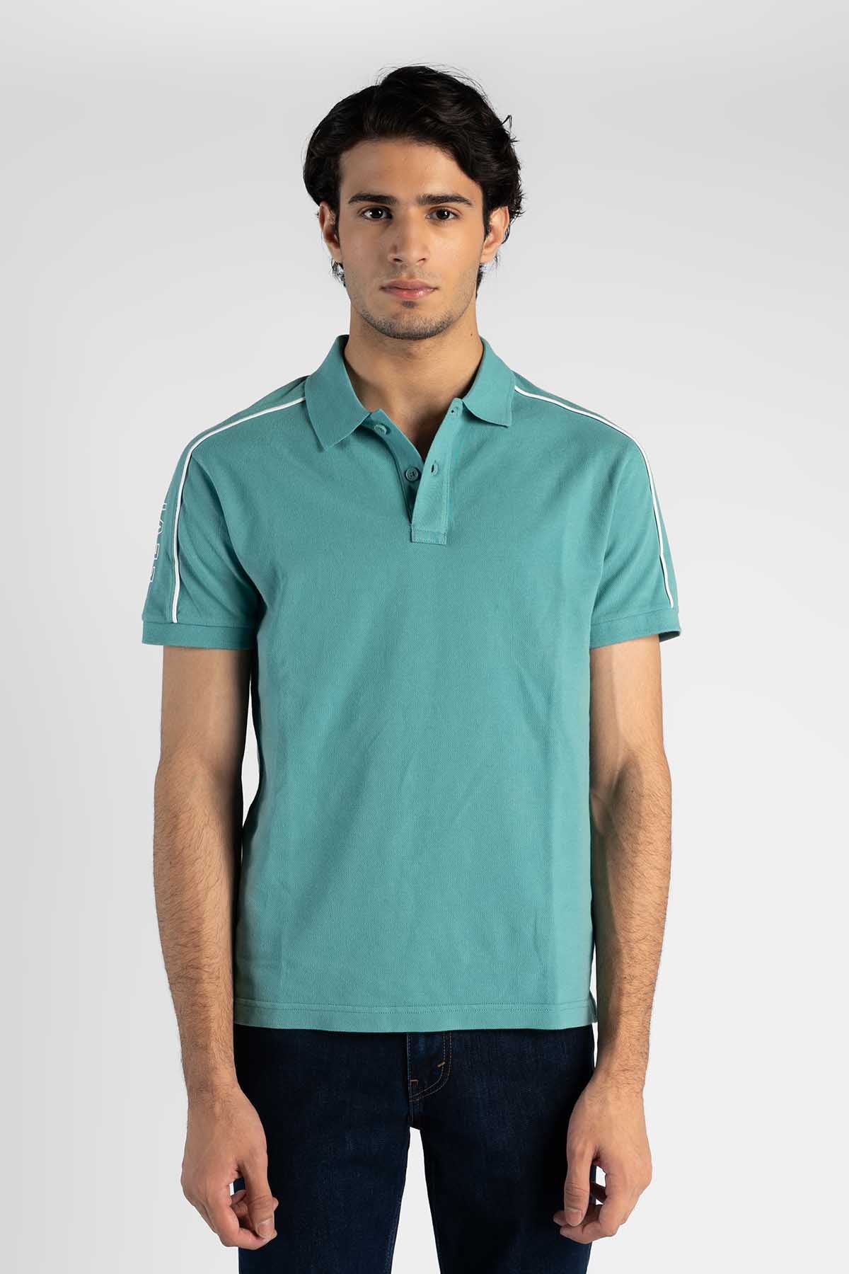 Levi's teal polo shirt with striped sleeves and three-button collar