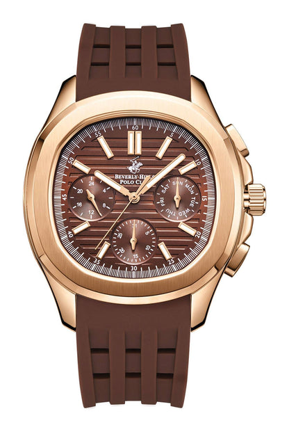 Round gold-tone watch with brown dial and dark brown silicone strap.