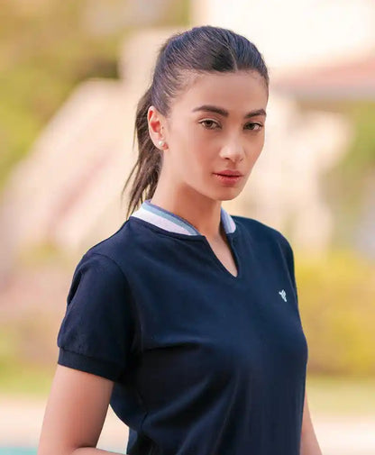 Navy fitted short-sleeve polo shirt with V-neck collar and small chest logo