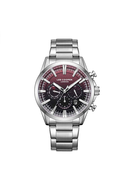 Lee Cooper silver metal wristwatch with black dial, red accents, chronograph subdials