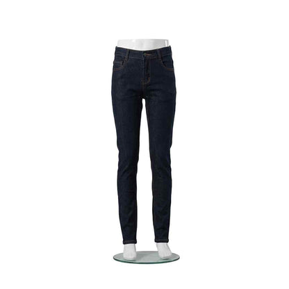 Dark blue denim jeans with five pockets, zipper fly, and belt loops on model