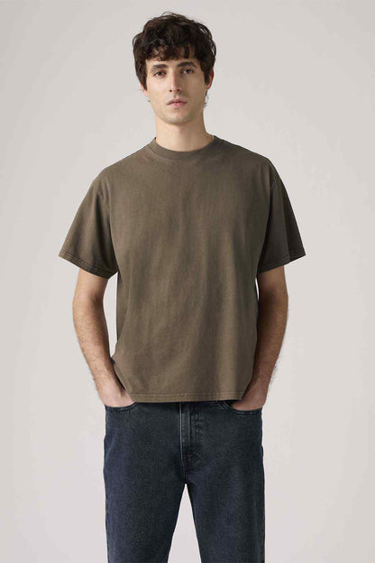 Men's dark olive crewneck short-sleeve T-shirt with straight hem