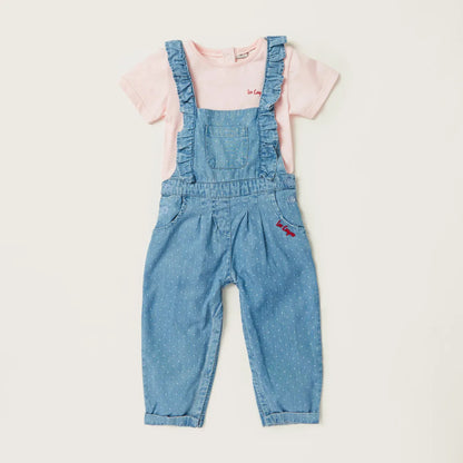 BABYSHOP baby denim overalls set with light pink short-sleeve T-shirt
