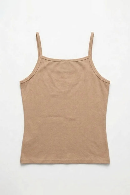 Skin-tan sleeveless camisole tank top with thin straps and rounded back neck