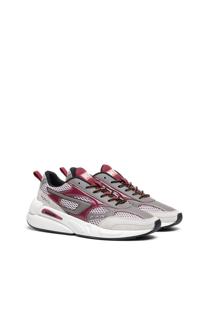 Off-white lace-up sneakers with burgundy trim, gray overlays, and sporty soles