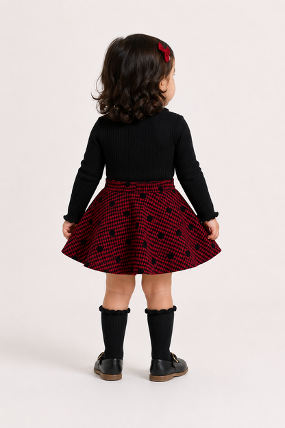 Red and black patterned A-line skirt with gathered waistband, above-knee length