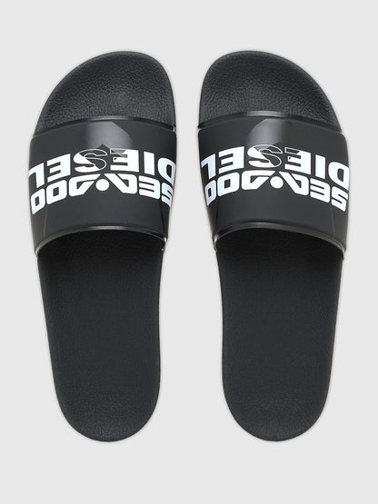 Diesel black slide sandals front view of logo straps