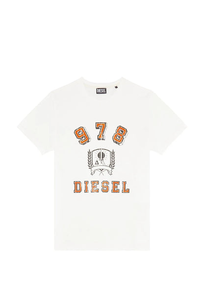White crewneck T-shirt with '1978' graphic and orange lettering, short sleeves