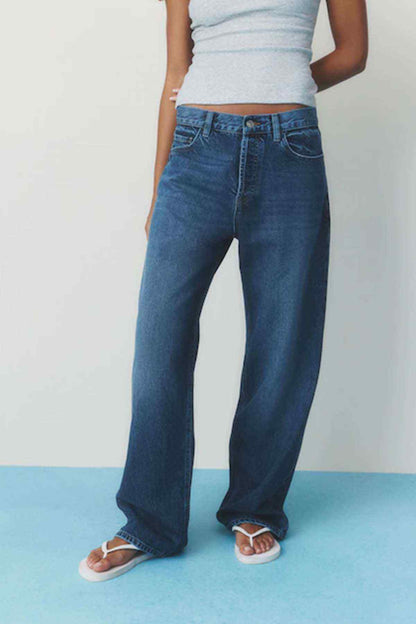 Women's dark blue wide-leg denim jeans with straight hems and side pocket
