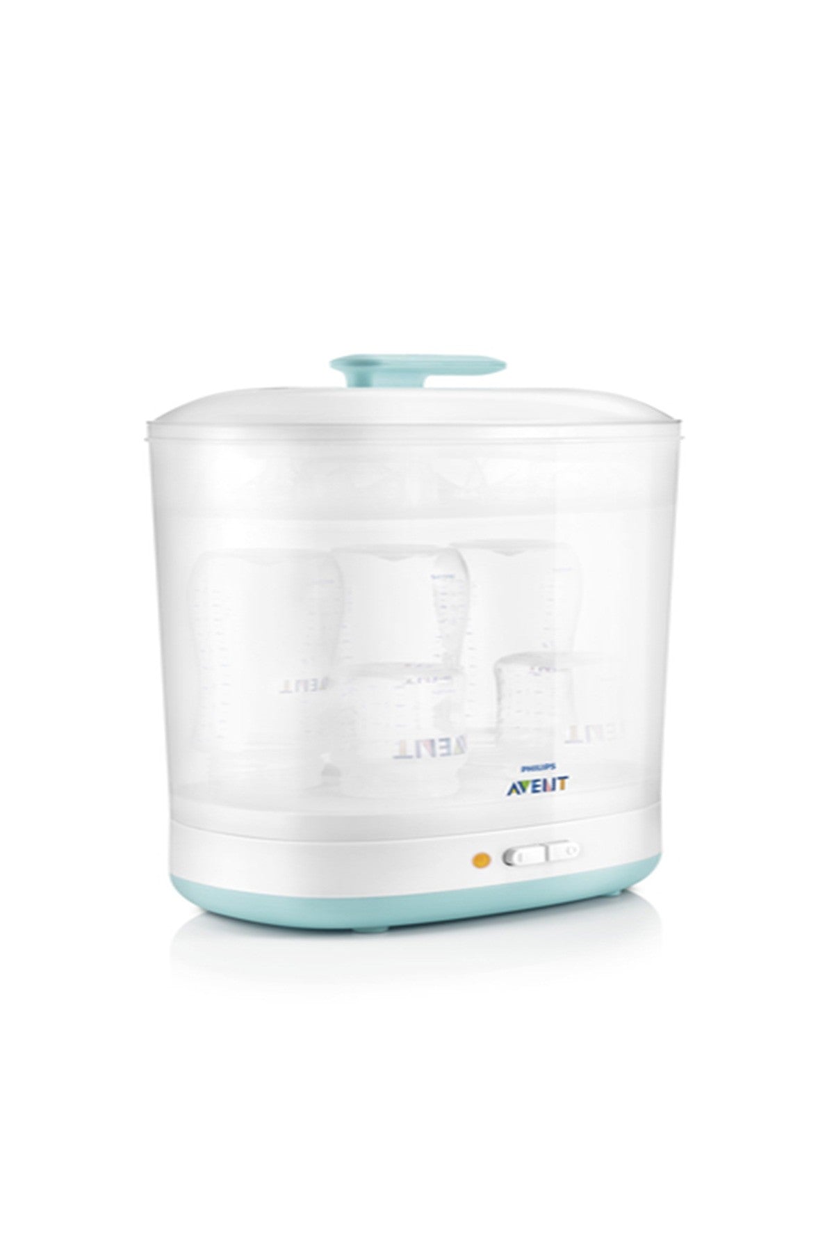Electric steam sterilizer, white with clear top and turquoise lid; AVENT on base