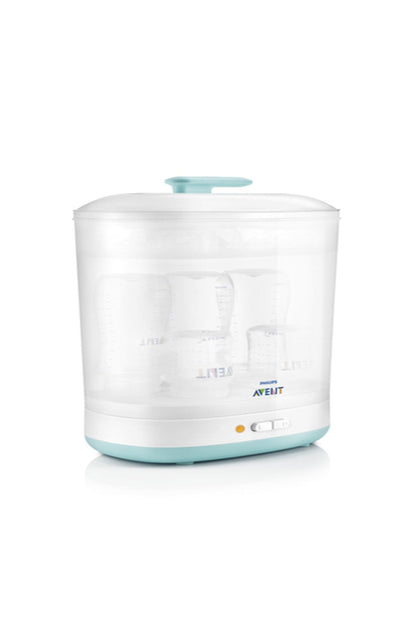 White electric steam sterilizer with turquoise base ring and clear outer container