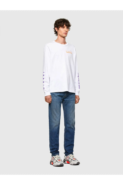 Blue jeans with straight leg, front fly, and belt loops