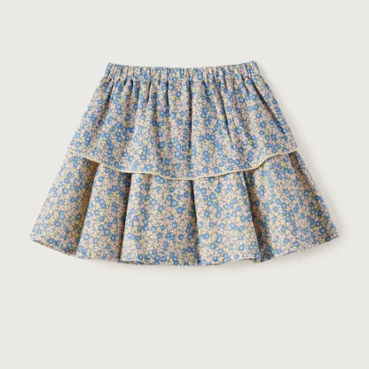 Cream floral tiered skirt with layered ruffle tiers and elastic waist