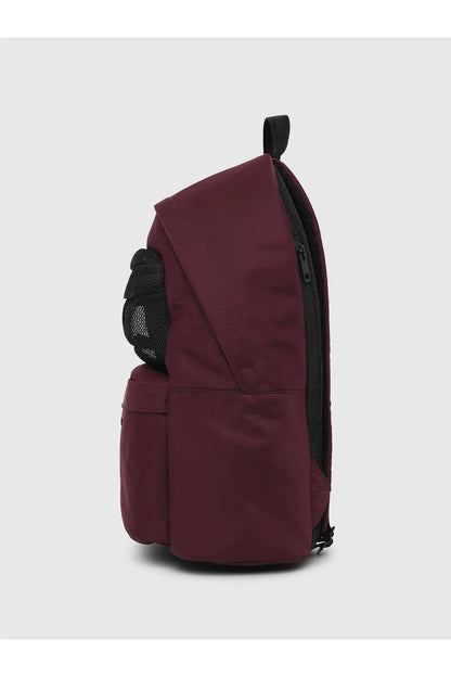 Maroon backpack angled view with side pocket and black zipper accents