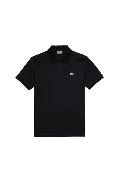 Black polo shirt with point collar, button placket, and chest logo