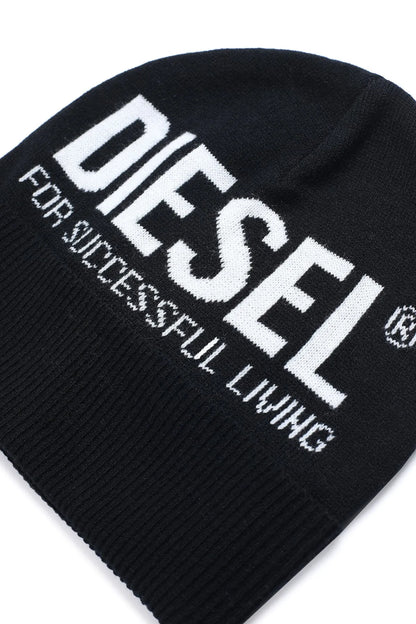 Black ribbed knit beanie cuff with large white DIESEL lettering.