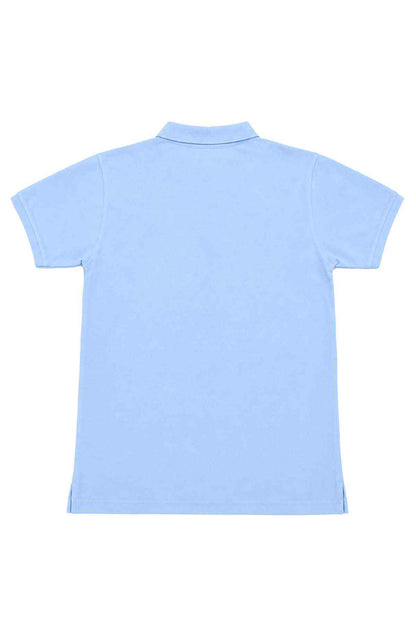 Sky blue polo shirt back view, plain short sleeves