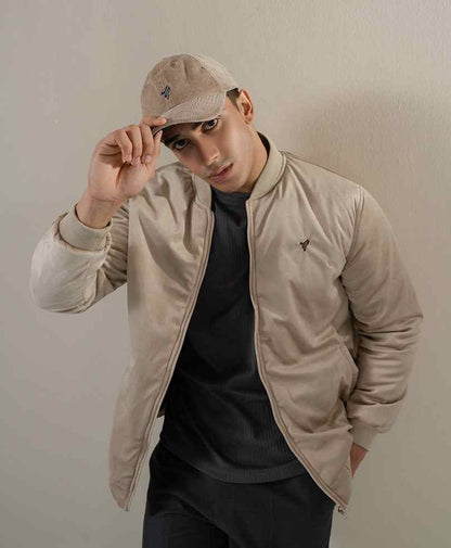 Men's beige zip-up bomber jacket with ribbed cuffs and small chest logo