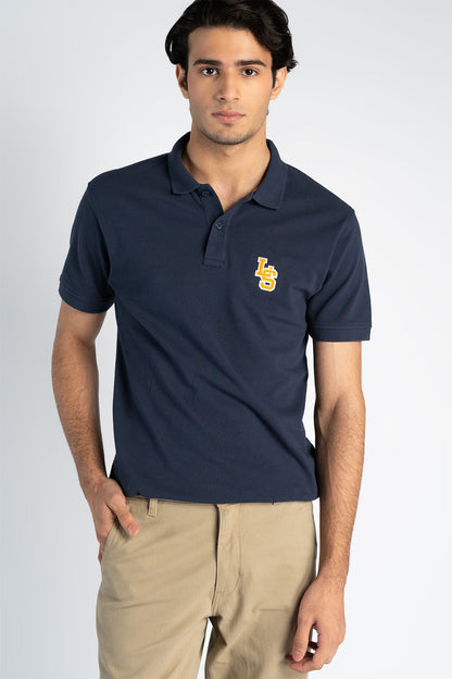 Men's navy polo shirt with short sleeves and yellow logo