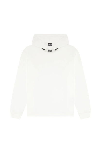 White pullover hoodie laid flat, front view with hood and logo