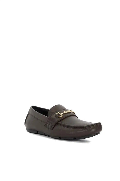 Dark brown leather loafer with gold-tone buckle detail and moc-toe stitching.