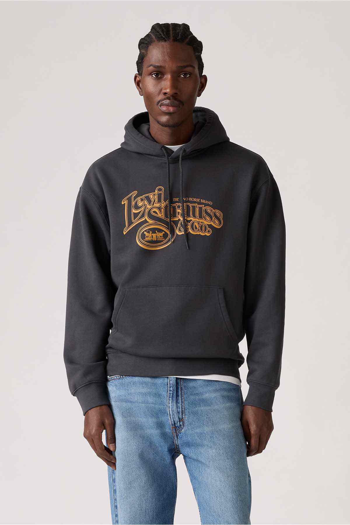 Levi's charcoal pullover hoodie with multicolor chest logo, hood and kangaroo pocket