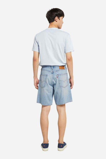 Light blue denim shorts, back view with yoke and belt loops