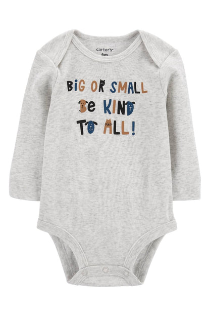 Gray long-sleeve baby bodysuit with “Be kind to all!” animal graphic